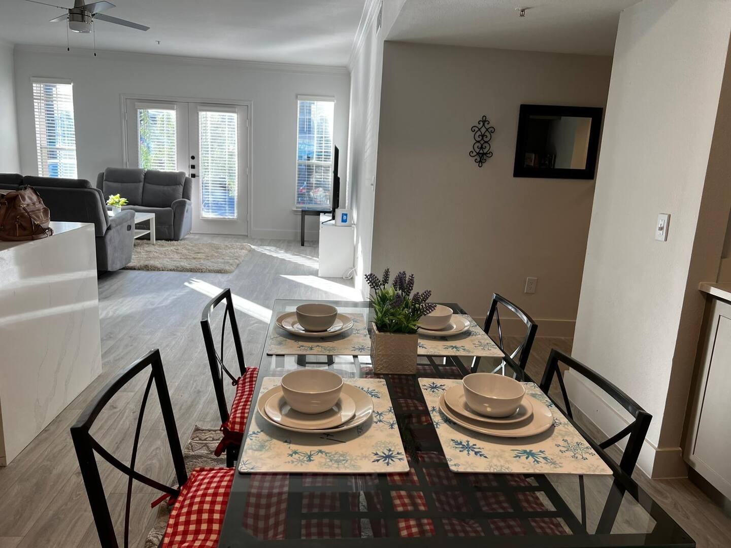 Dining area laid for a meal